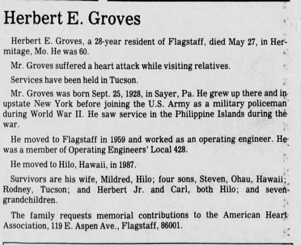 Obituary for Herbert E. Groves (Aged 60)